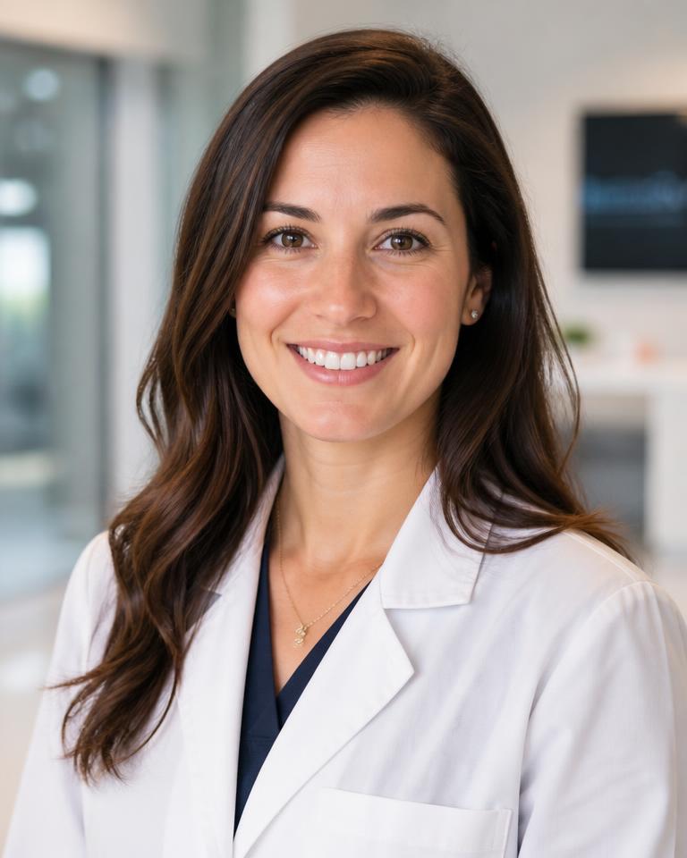 Retrato corporativo gerado com IA — Médica, 33 anos